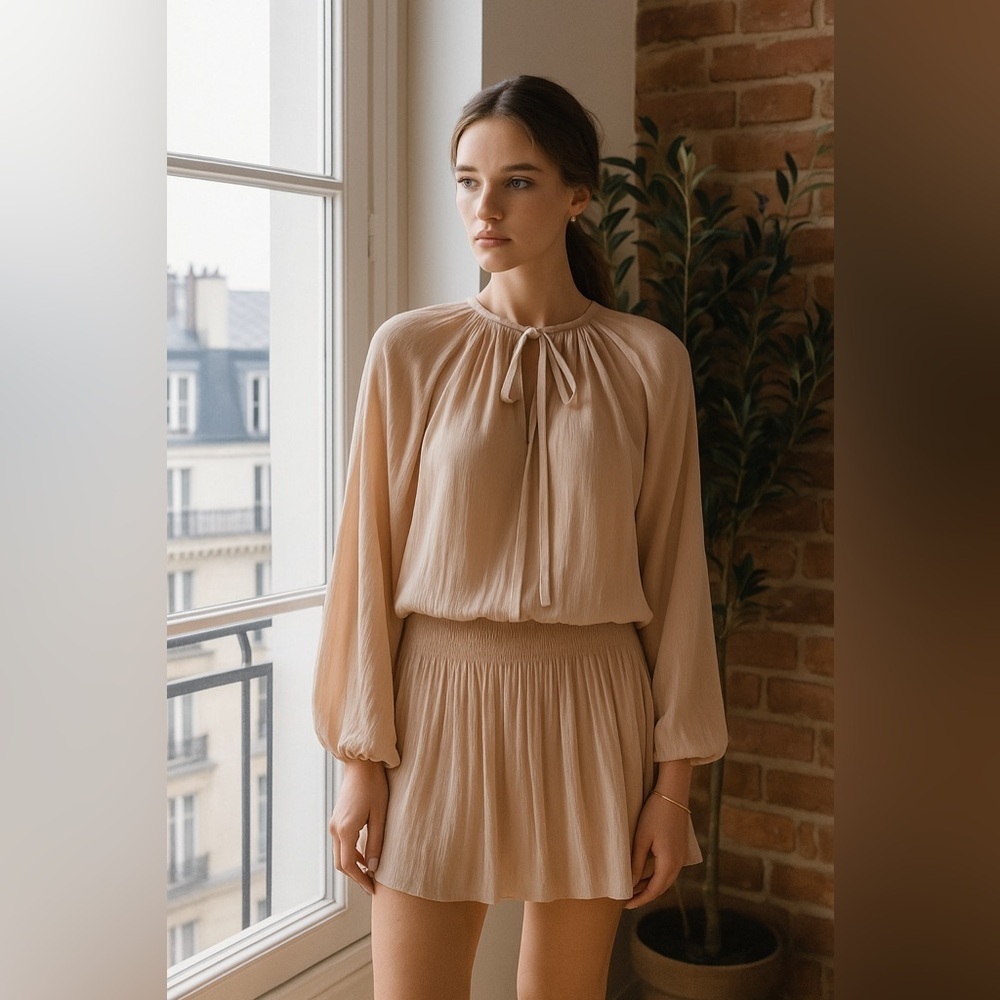 Ramy Brook Paris Long Sleeve Smocked V-Neck Mini Dress Dusty Pink / Blush sz‎ XS